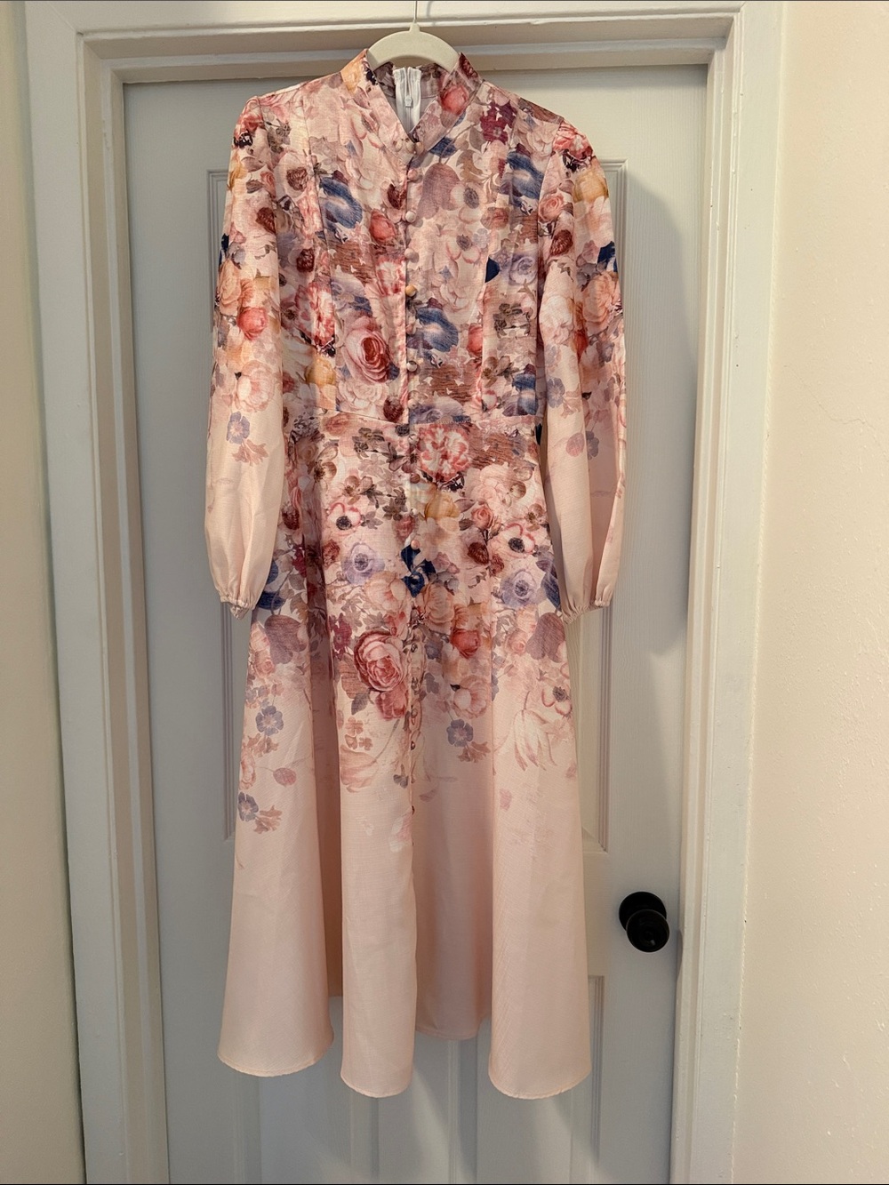 Elegant Pink Floral Midi Dress with Long Sleeves